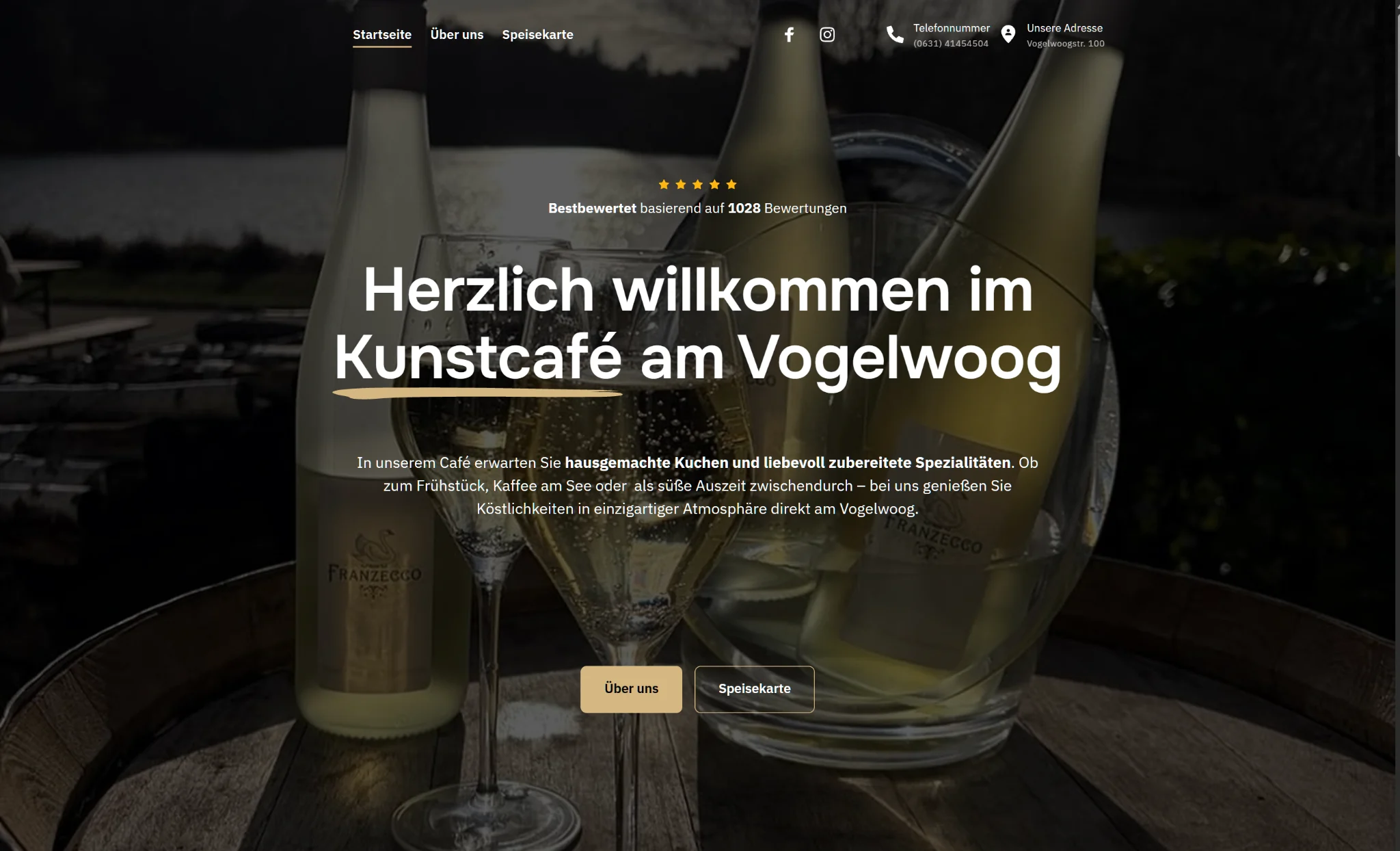 Website des Kunstcafés am Vogelwoog in Kaiserslautern in der Desktopansicht